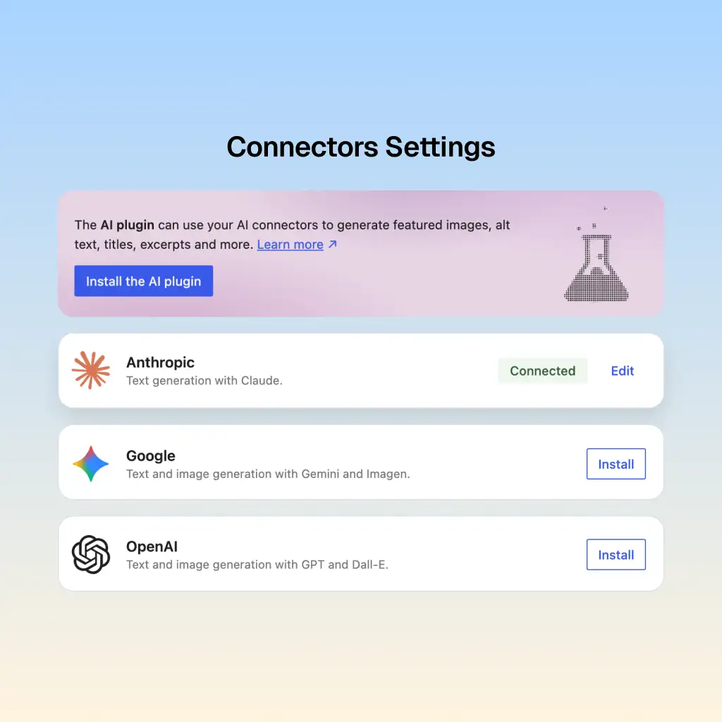 SpadeTheme offer AI Connector Setting options to connect with Claude, Gemeni, ChatGPT to create content, build site faster and efficiently.