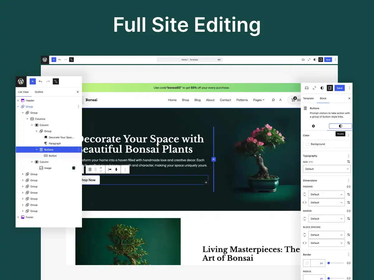 Bonsai Theme Full-Site Editing interface for WooCommerce showing drag-and-drop customization of plant and home decor store website