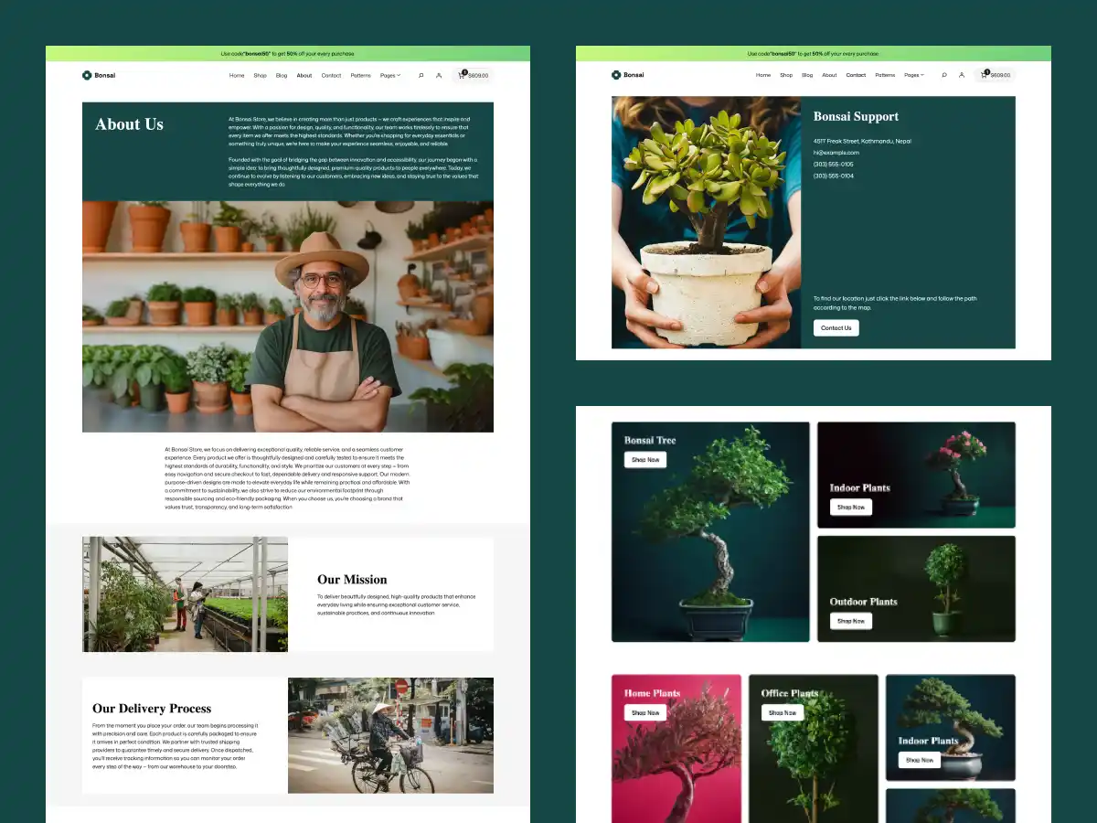 Bonsai Theme prebuilt About and Contact pages using block patterns for WooCommerce plant and home decor store with Full Site Editing