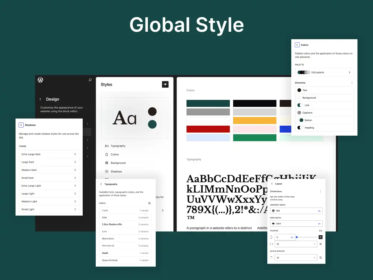 Bonsai Theme global styling interface showing typography, colors, and design system controls for WooCommerce plant and home decor store