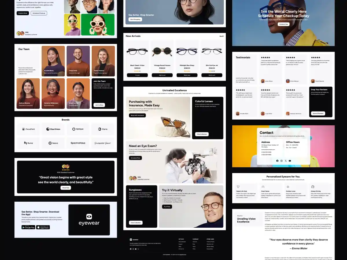 EyeWear Theme showcasing 120+ prebuilt block patterns for fast WooCommerce eyewear website design