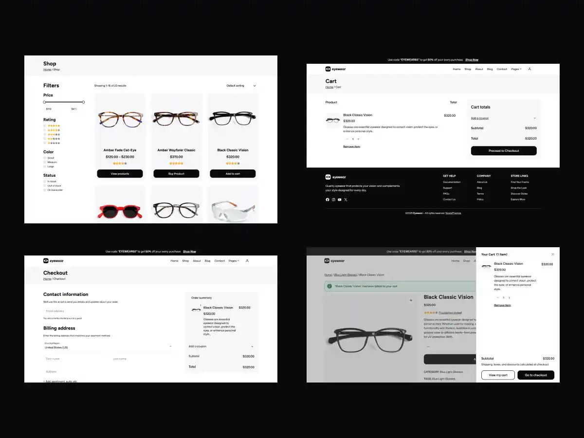 EyeWear Theme WooCommerce shopping cart, mini cart drawer, and checkout page optimized for seamless eyewear shopping experience