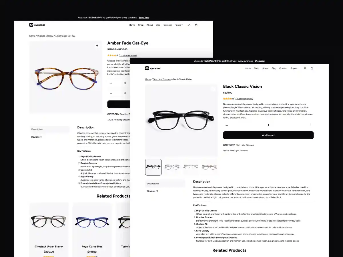 EyeWear Theme modern WooCommerce product page design for eyewear stores with clean layout and conversion focus
