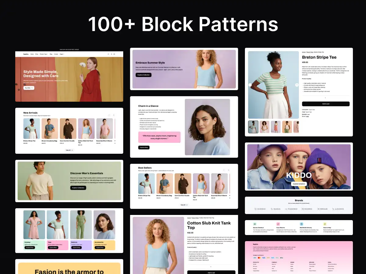 Fasino Theme Full Site Editing block patterns for fashion and apparel WooCommerce websites
