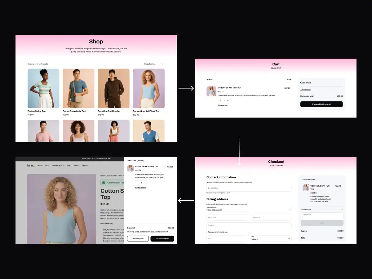 WooCommerce cart drawer and checkout layout in Fasino Theme for seamless online shopping
