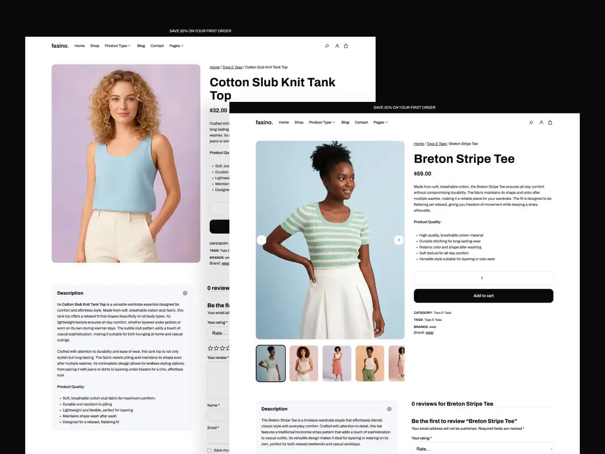 Fashion product page design in Fasino Theme for WooCommerce clothing and apparel stores