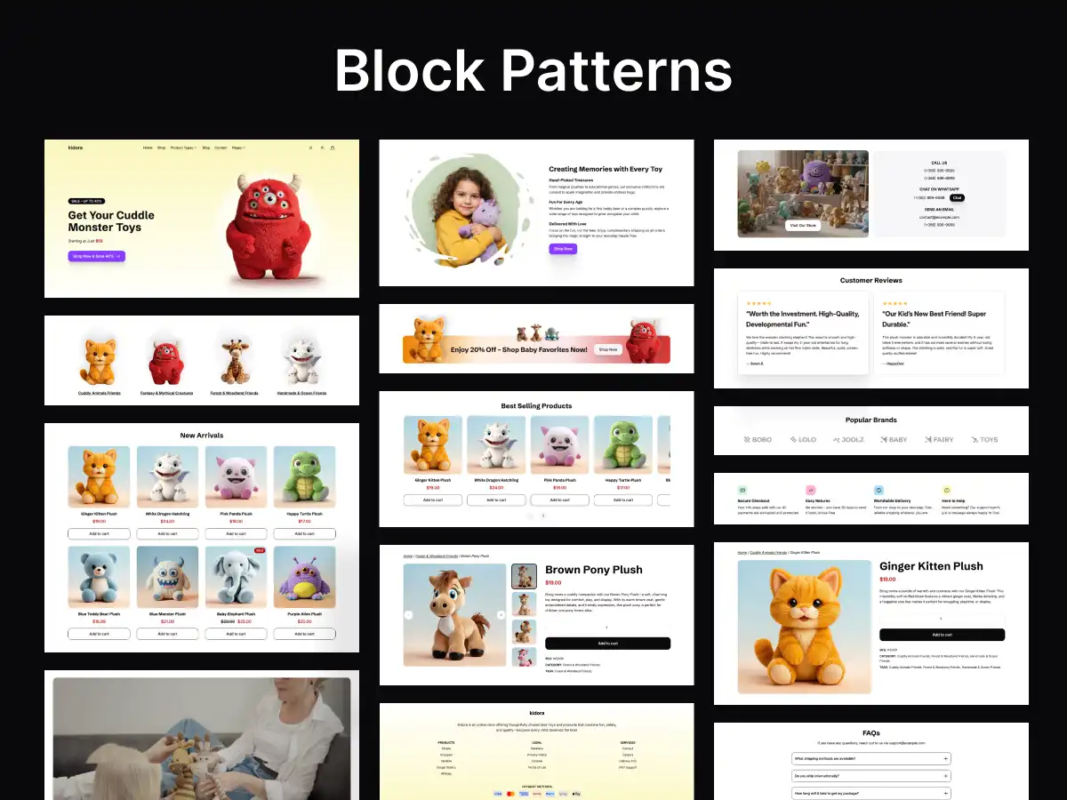 Kidora Theme block patterns showcasing pre-designed WooCommerce Full Site Editing layouts for toy and gift store websites.