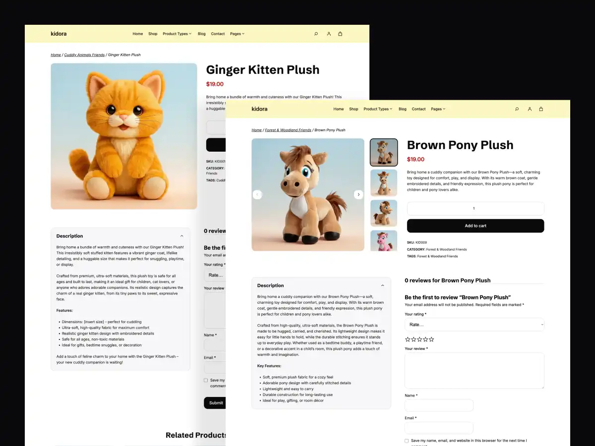 Kidora Theme product page design featuring WooCommerce Full Site Editing layout with product images, pricing, and add-to-cart options.