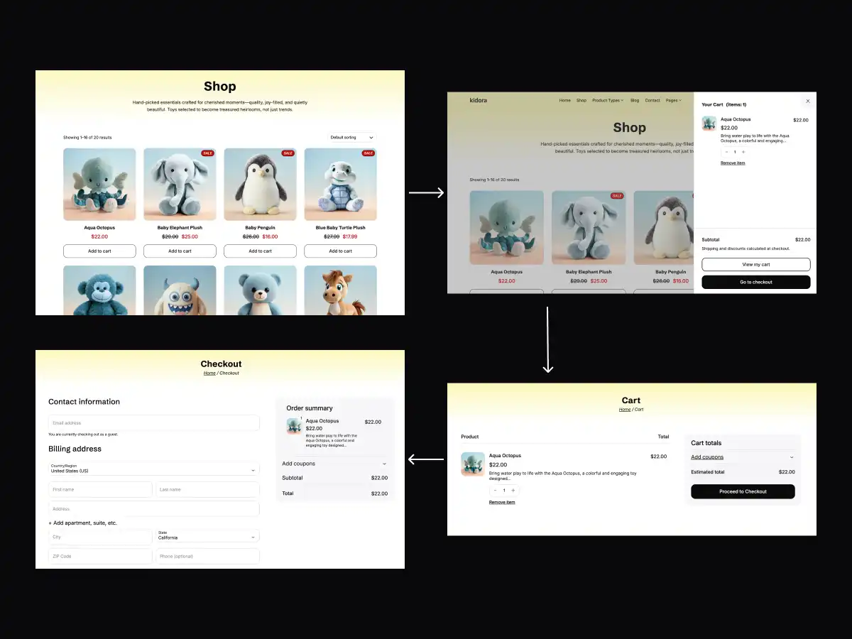 Kidora Theme cart and checkout page design showing a smooth WooCommerce shopping flow with secure and user-friendly checkout experience.