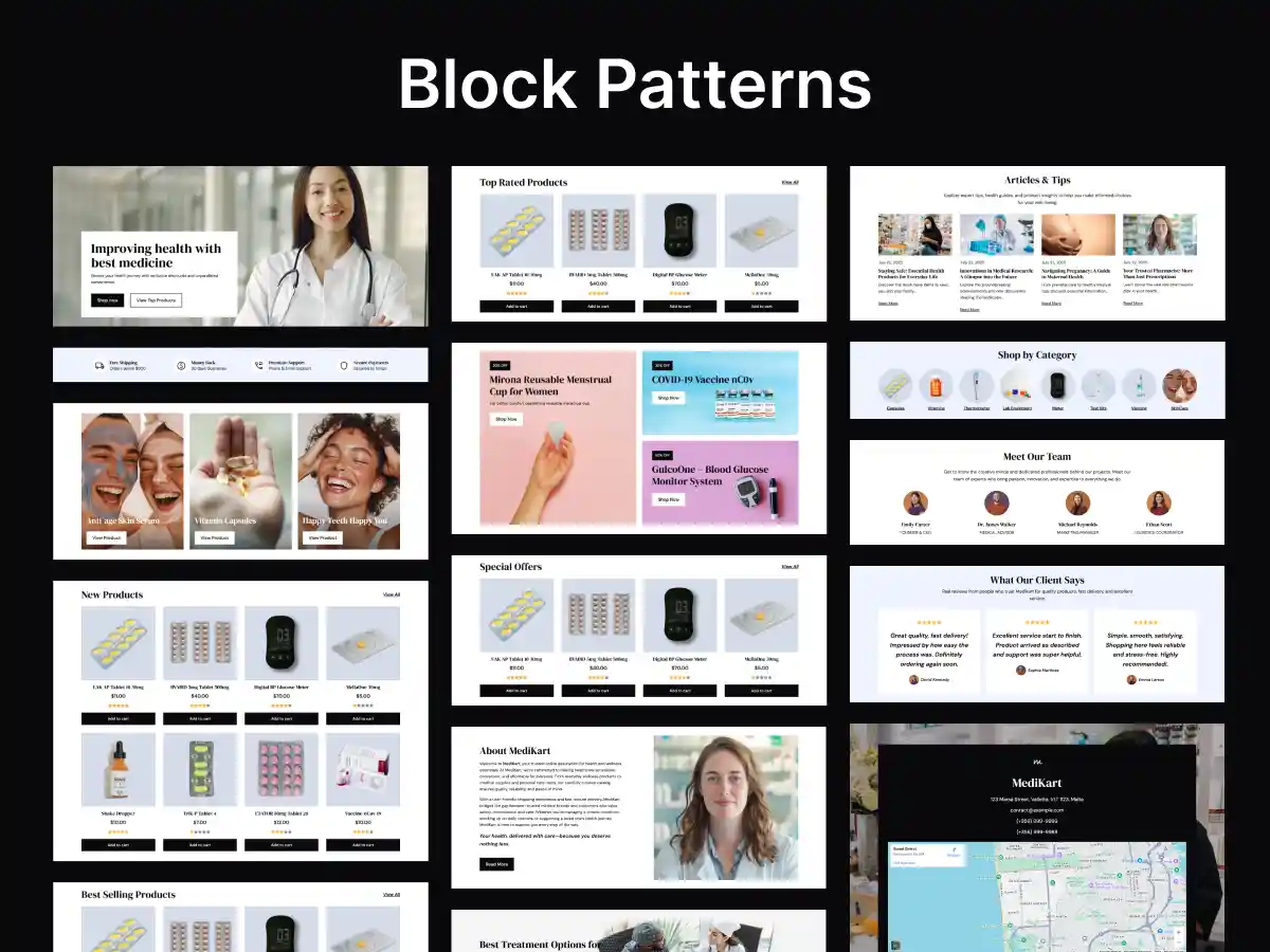 MediKart theme 100+ reusable block patterns for WordPress site building
