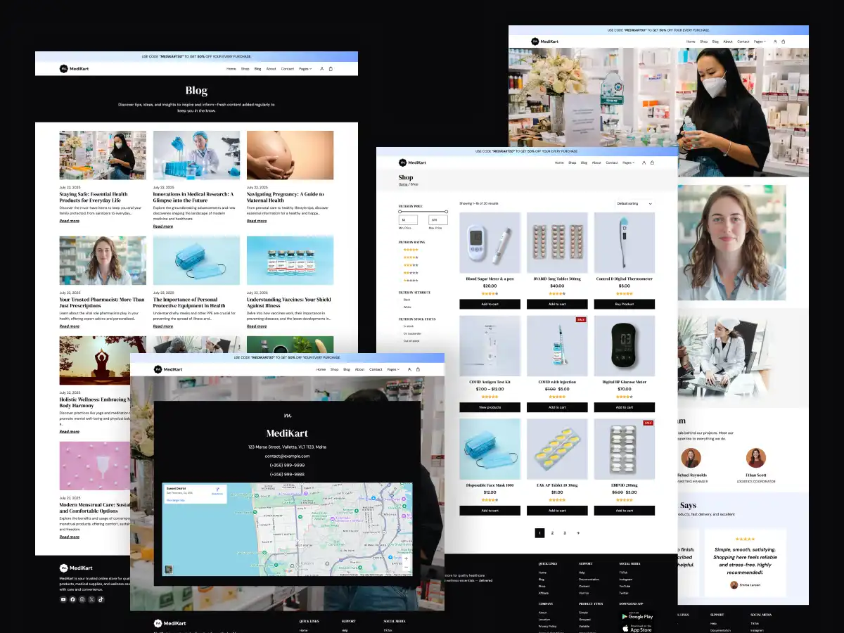 MediKart WooCommerce theme secondary page designs for pharmacy website