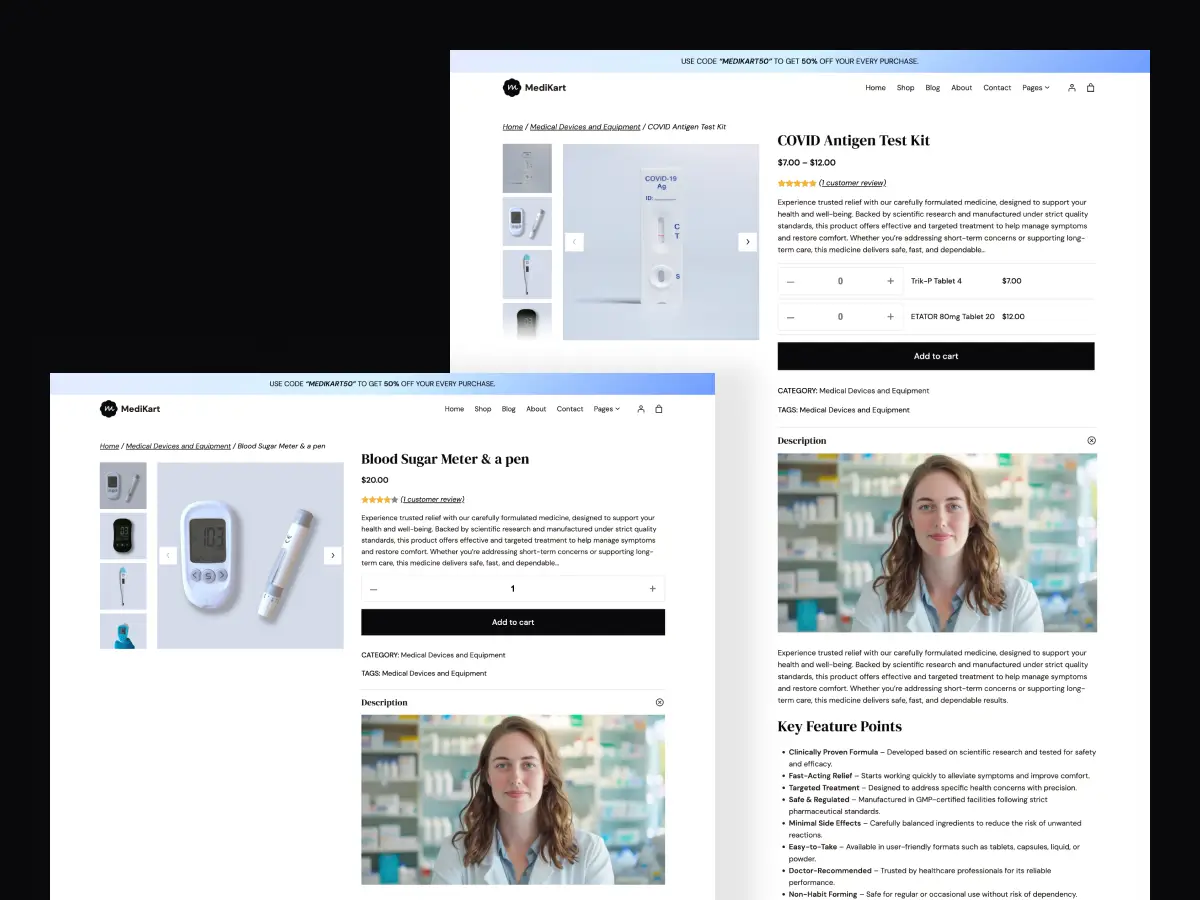 MediKart theme product page design for medical and wellness store