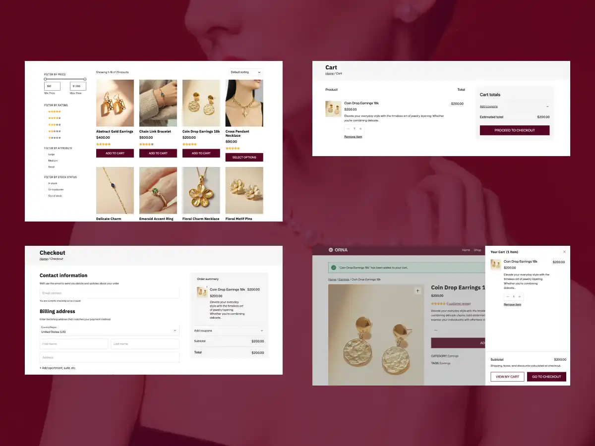 ORNA WooCommerce cart and checkout page with clean layout, mini cart experience, and streamlined jewelry shopping flow