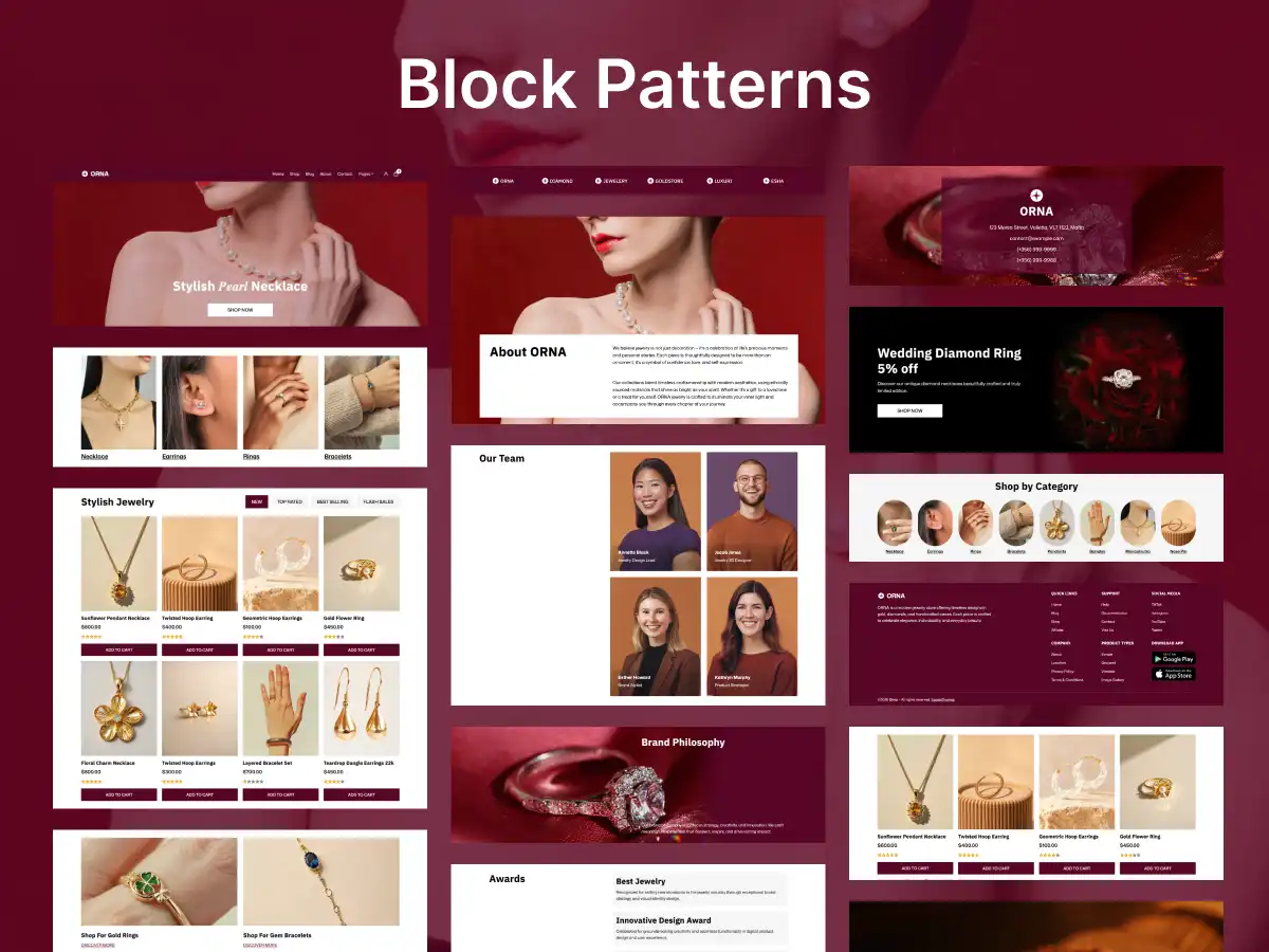 ORNA WordPress theme block pattern library showing pre-designed WooCommerce Full Site Editing layouts for jewelry stores