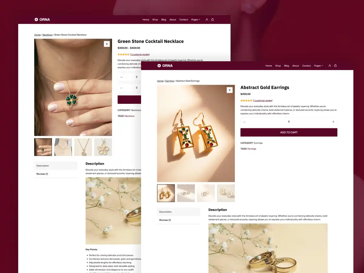 ORNA theme product page displaying luxury jewelry with image gallery, product variations, and WooCommerce layout design