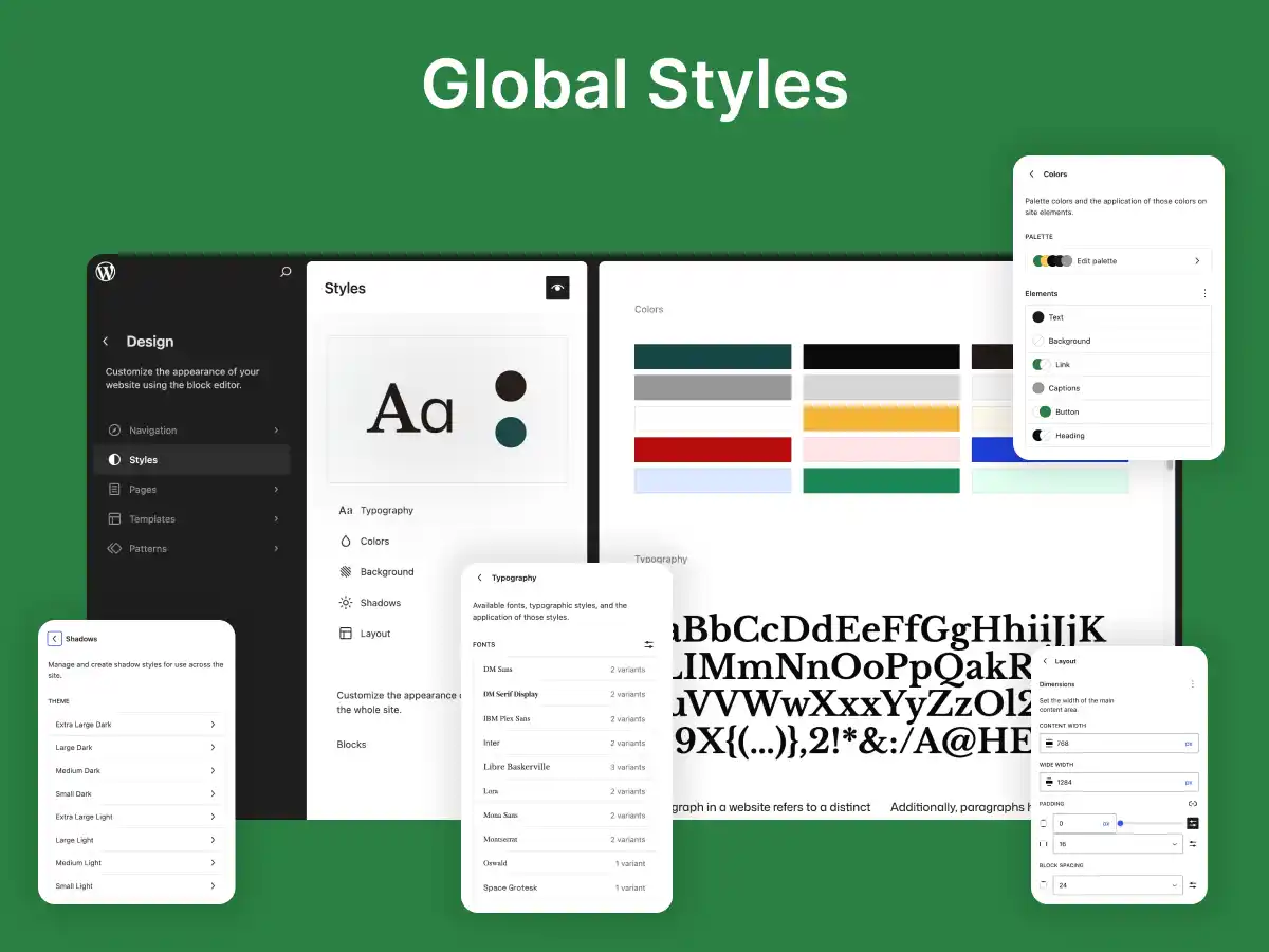 QuickMart theme global styling settings for typography, colors, and layout customization using WordPress Full Site Editing.