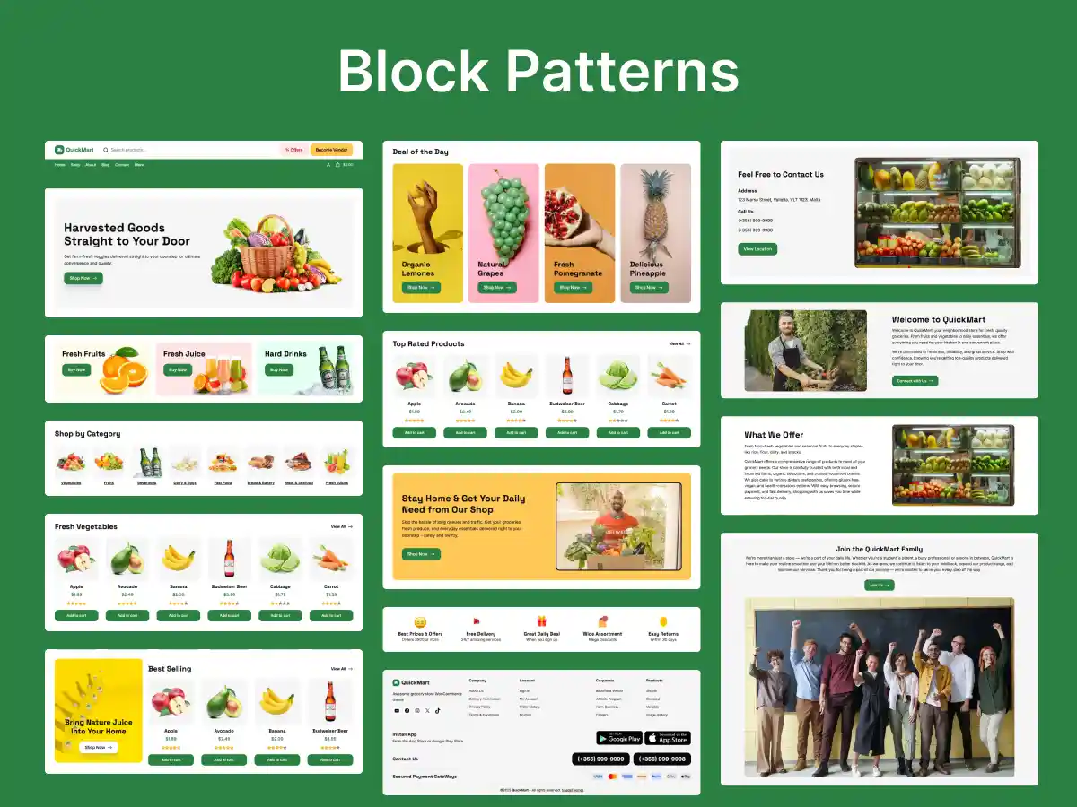 QuickMart WooCommerce theme block patterns showcasing pre-designed layouts for grocery and food store website sections.