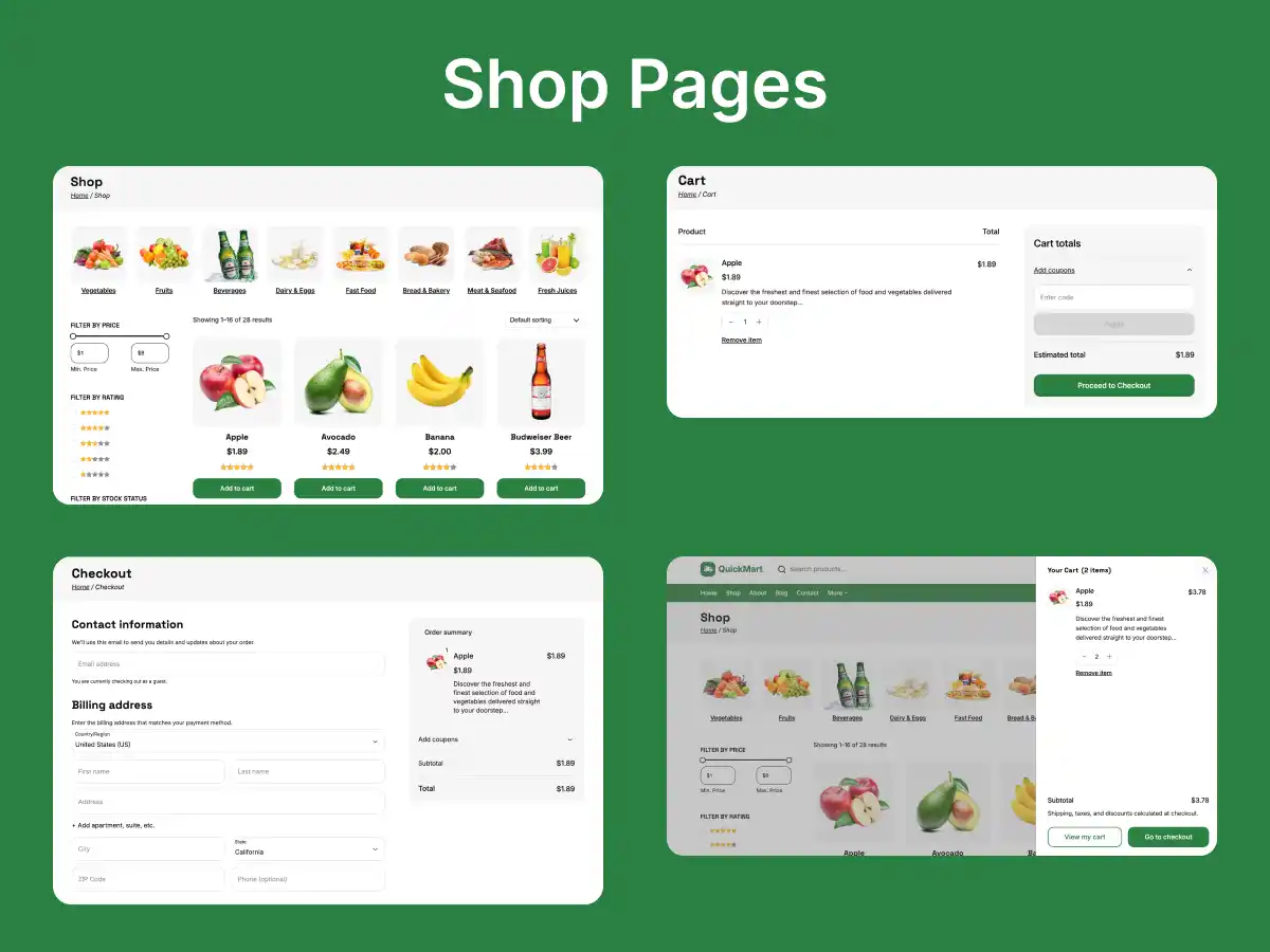 QuickMart WooCommerce theme showing shop page, mini cart drawer, and streamlined checkout process for faster grocery and food store purchases.
