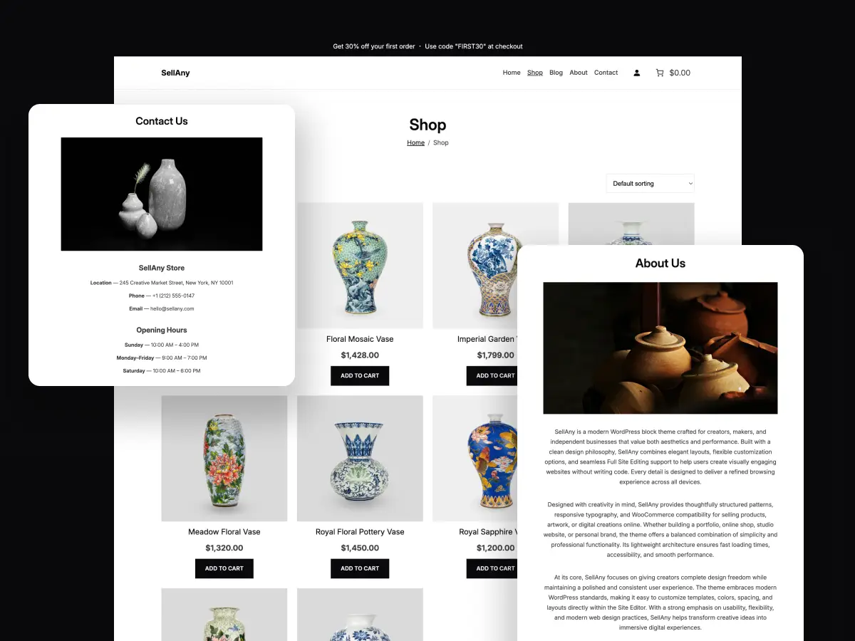 SellAny Theme responsive inner pages about, contact, shop design for online WooCommerce store