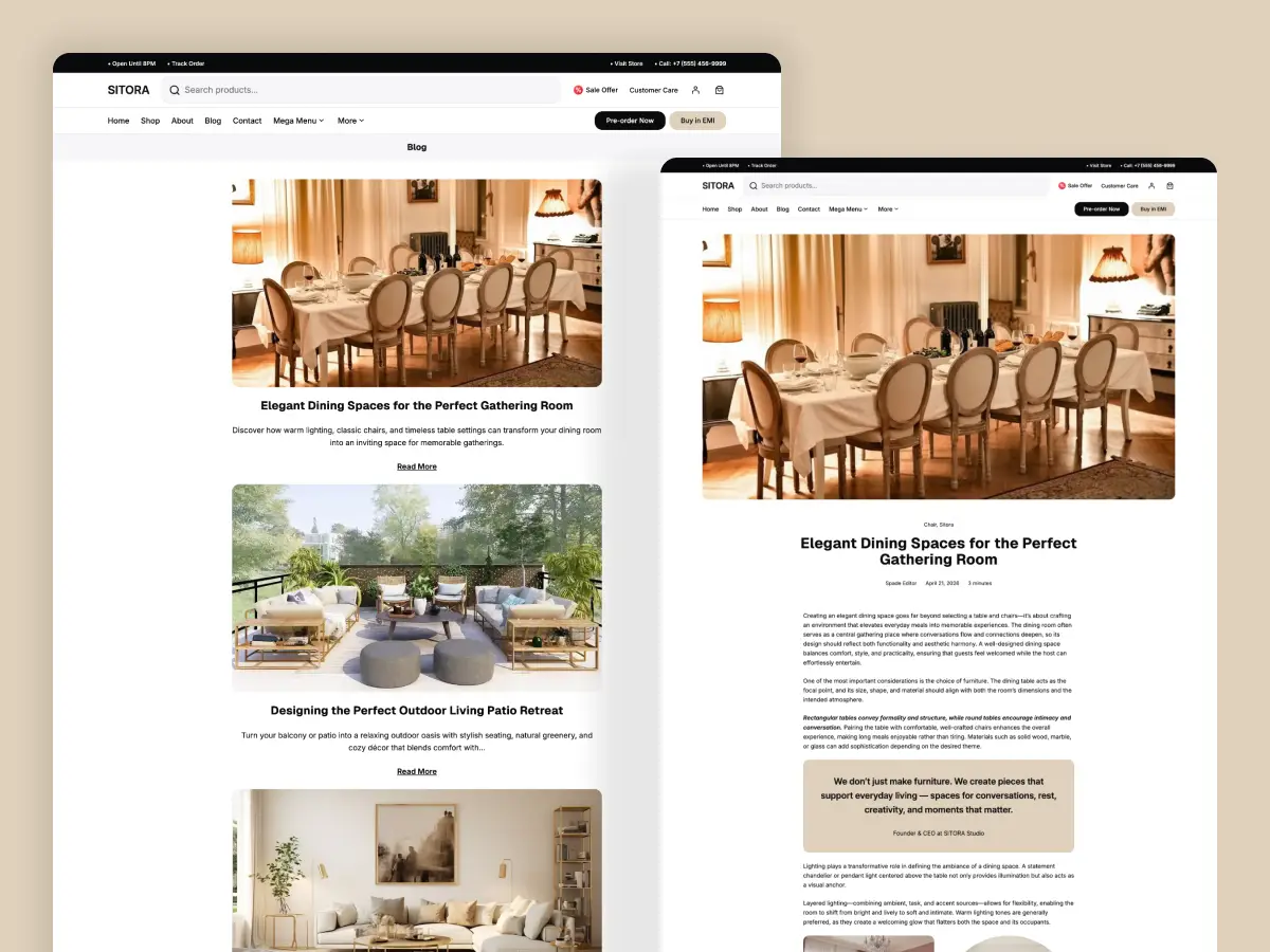 Sitora blog archive page and single blog post template