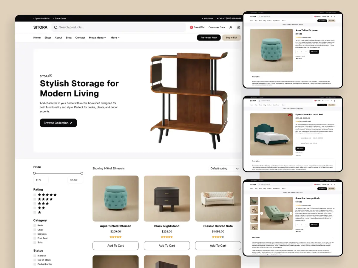 Sitora shop page and product category layout for WooCommerce furniture store