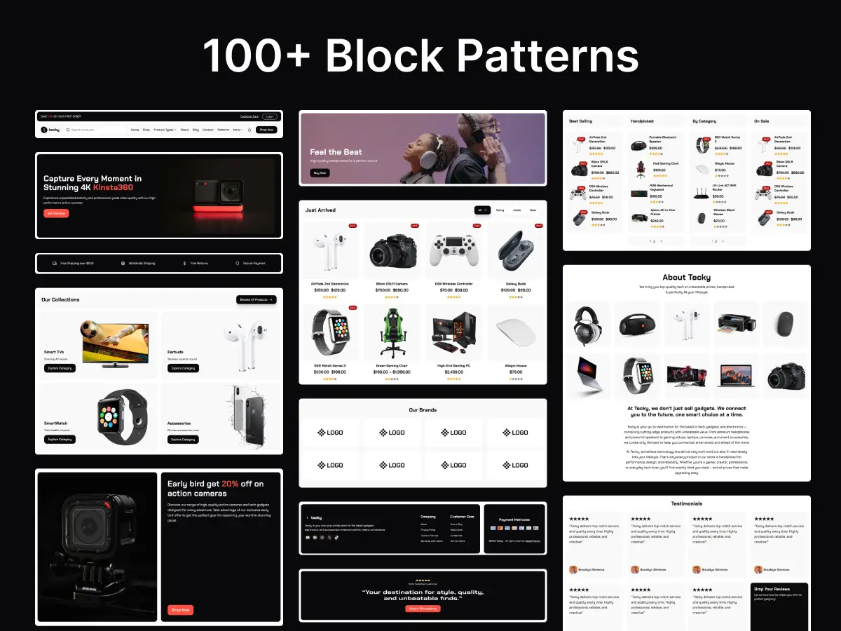 Tecky Theme block patterns collection showing 100+ prebuilt layouts for WooCommerce elctronic, tech, gadgets and gizmo store using Full Site Editing