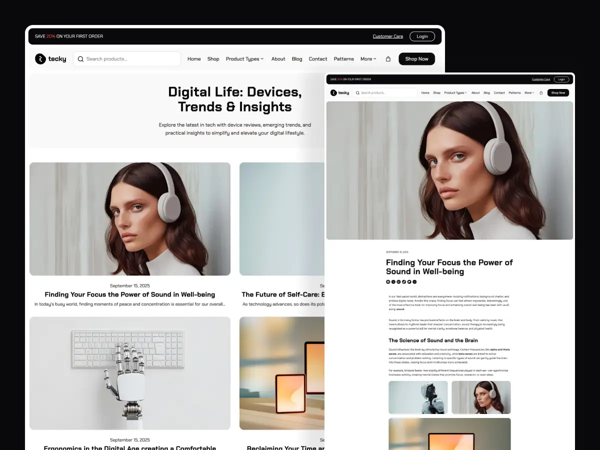 Tecky Theme engaging Blog pages for WooCommerce tech and electronic store