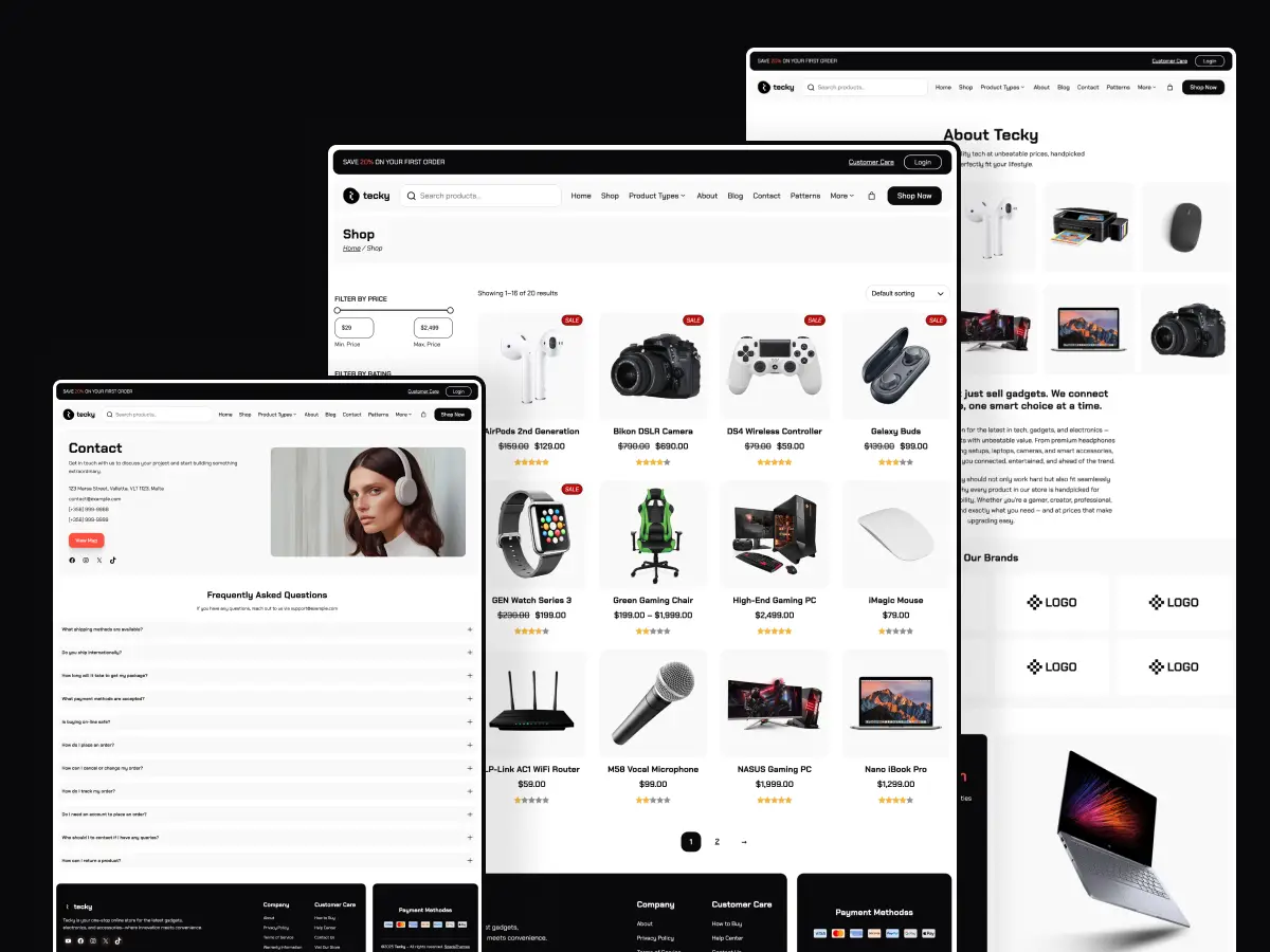 Tecky Theme prebuilt About, Contact and Shop pages using block patterns for WooCommerce tech and electronic store with Full Site Editing